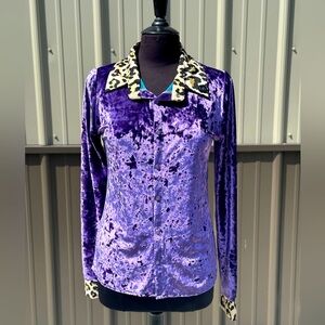Purple Velvet Button-Up Shirt with leopard Collar and cuffs